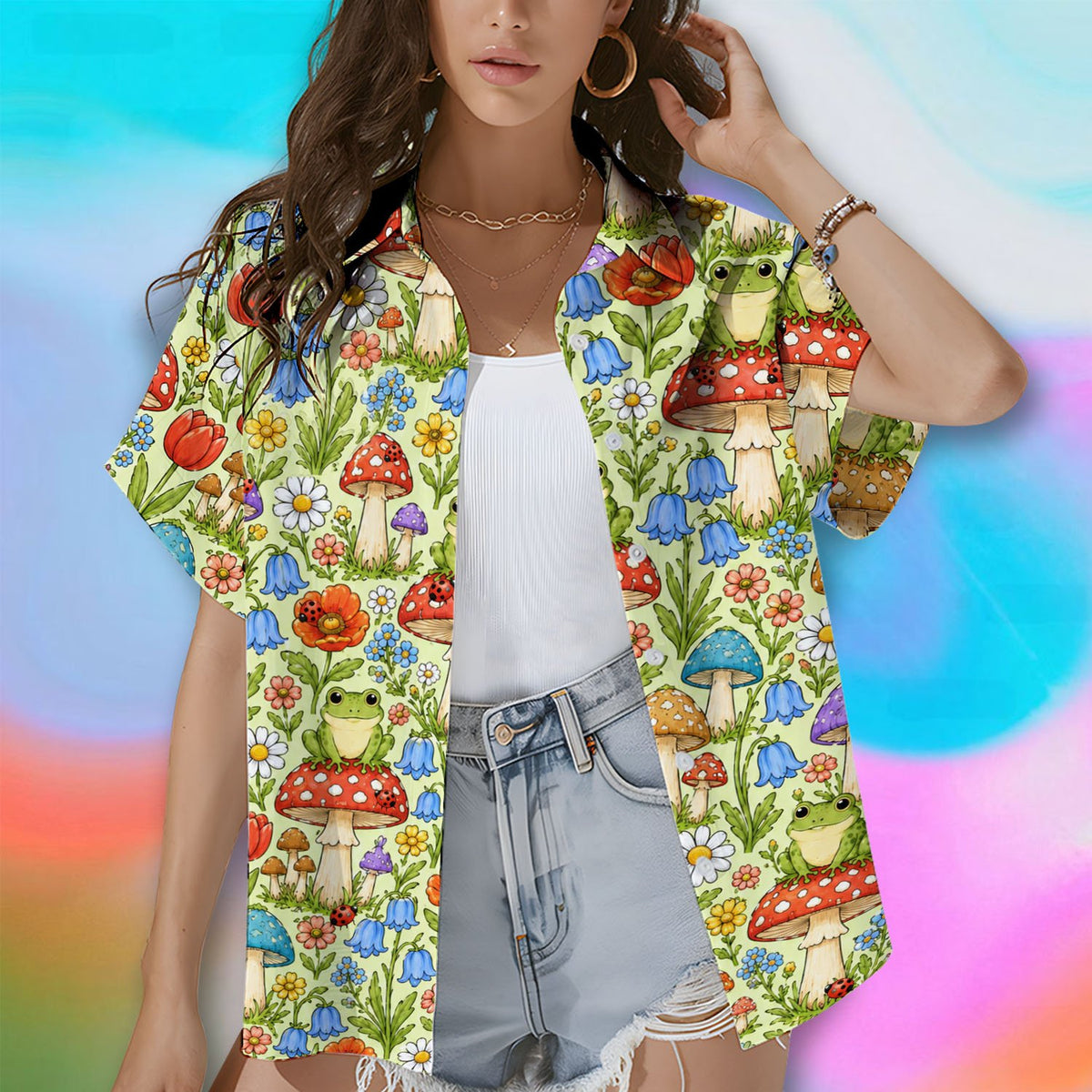 Another lifestyle view of matching family hawaiian shirts with frogs and ladybugs