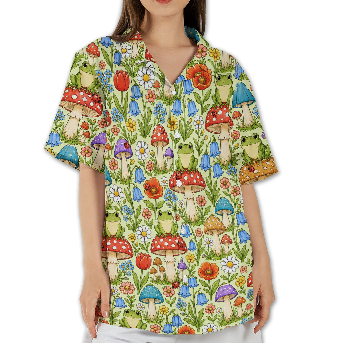 Lifestyle view showing the back and front of the frogs hawaiian shirt