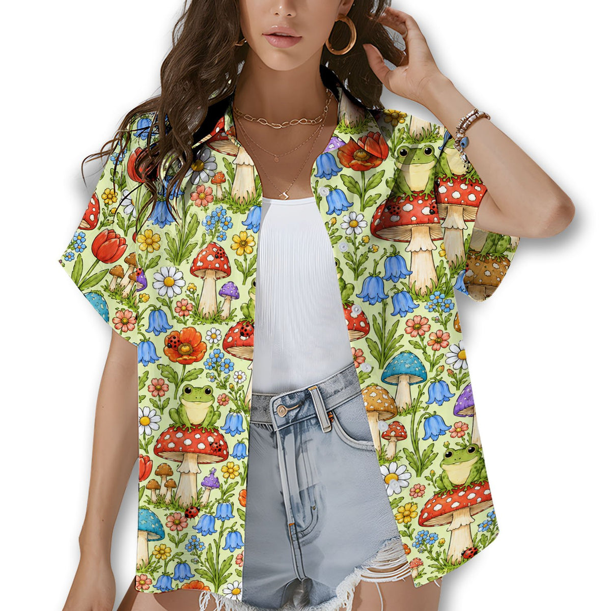 Lifestyle view of a family wearing matching frogs and mushrooms hawaiian shirts
