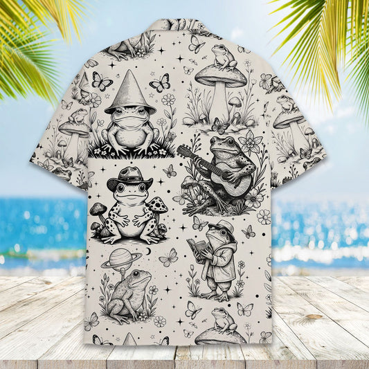 Main view of the frogs and nature hawaiian shirt in beige with black sketches
