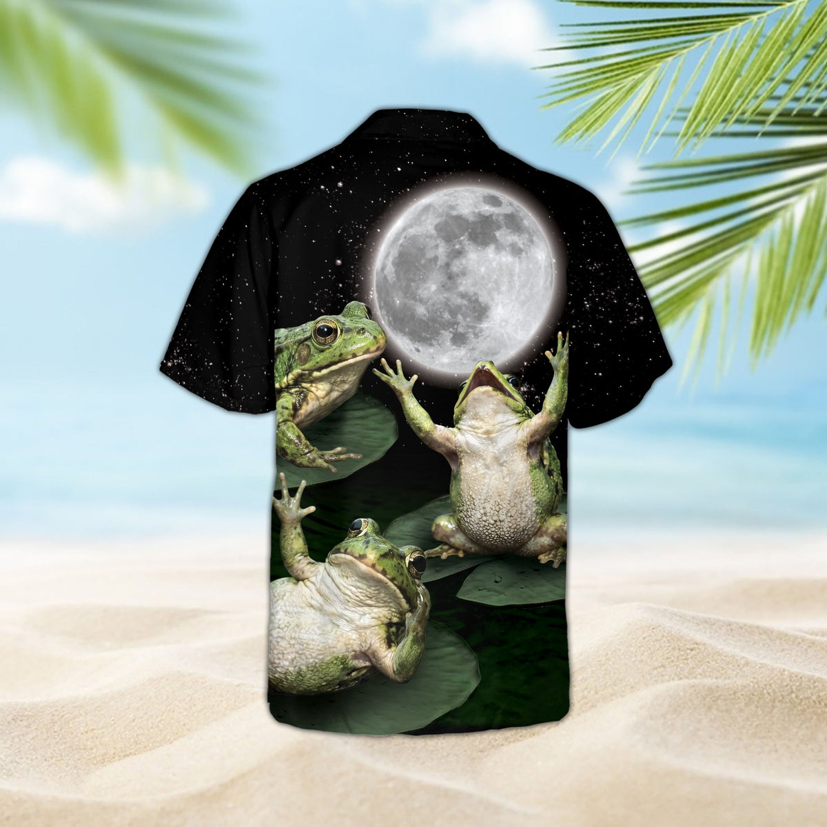 Back view of the matching family hawaiian shirt with green frogs on lily pads