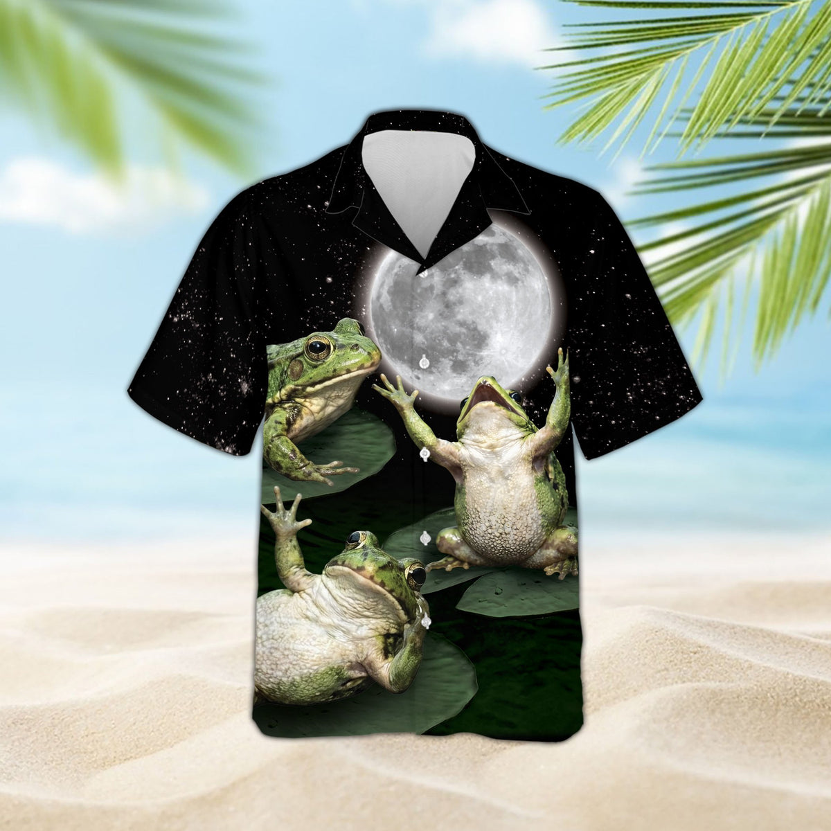Front detail of the frogs night scene hawaiian shirt