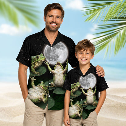 Lifestyle view of the frogs photo hawaiian shirt