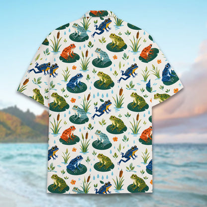 Close-up back view of the white frogs hawaiian shirt