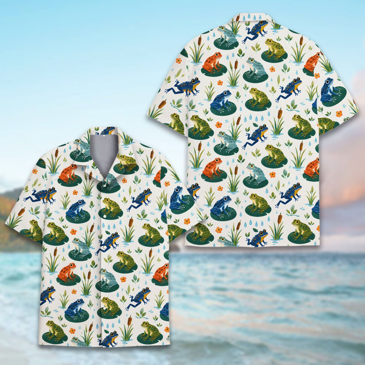 Close-up front view of the white frogs hawaiian shirt