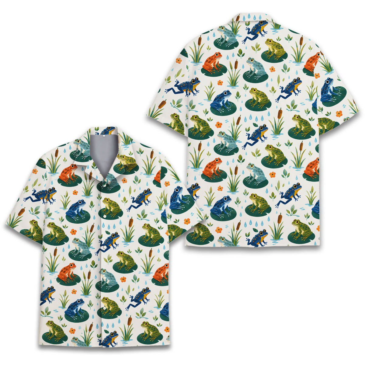 White frogs hawaiian shirt, front view