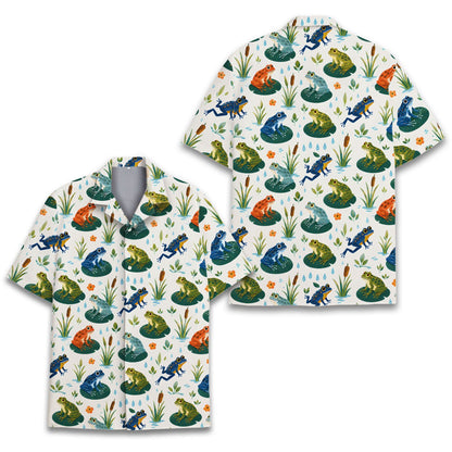 White frogs hawaiian shirt with lily pads and cattails, main view