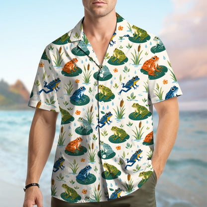 Third lifestyle view of the frogs hawaiian shirt in a natural setting