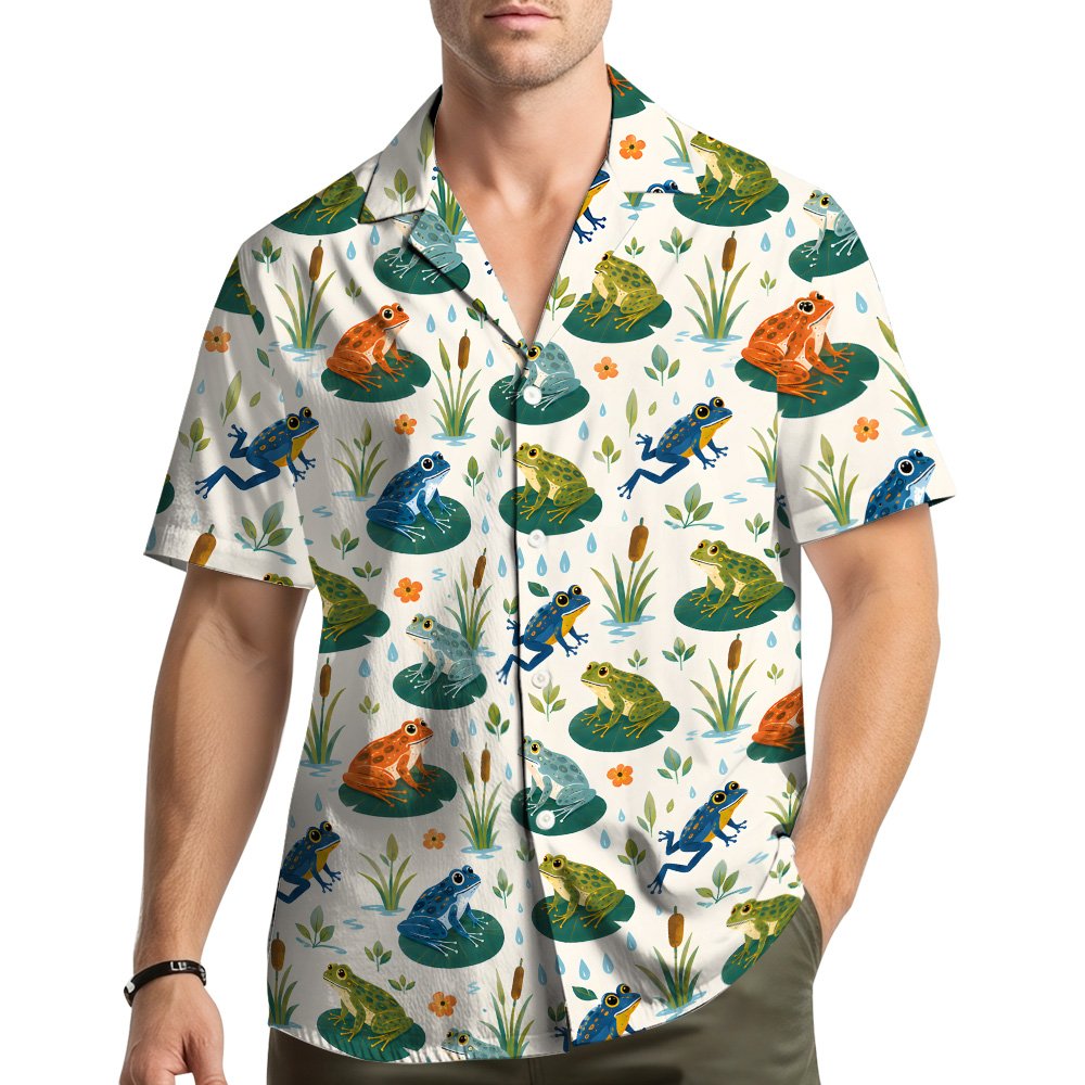 Lifestyle view of family wearing the white frogs hawaiian shirt