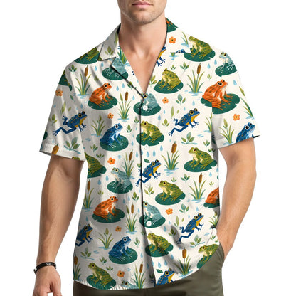 Lifestyle view of family wearing the white frogs hawaiian shirt