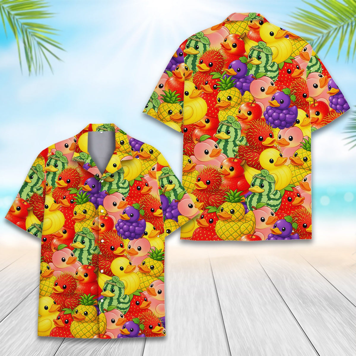 Front detail of the vibrant fruit patterned hawaiian shirt