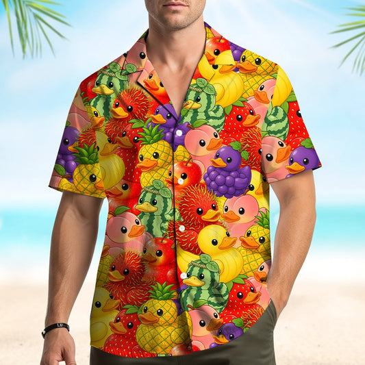 Red fruit hawaiian shirt with rubber ducks disguised as fruits, main view