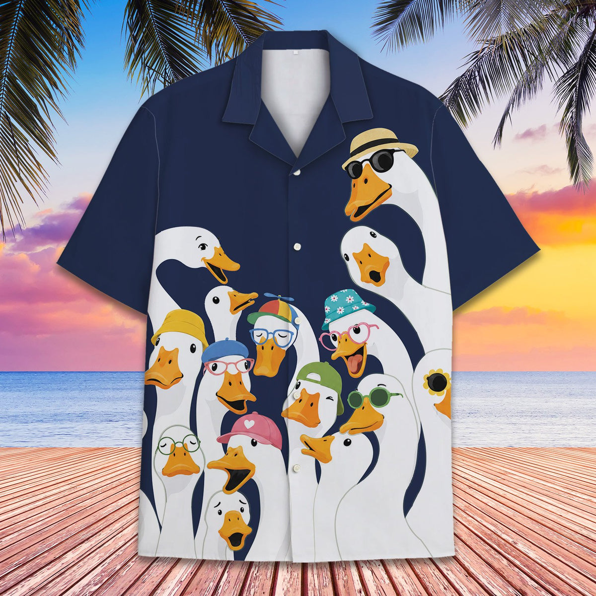 Close-up front view of the geese pattern on navy hawaiian shirt