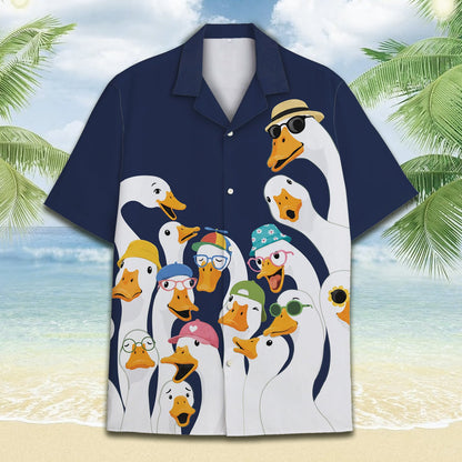 Funny animals hawaiian shirt with geese in sunglasses on navy background, main view