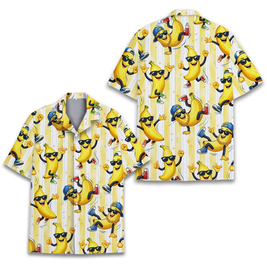 Yellow funny hawaiian shirt featuring cartoon bananas, main view