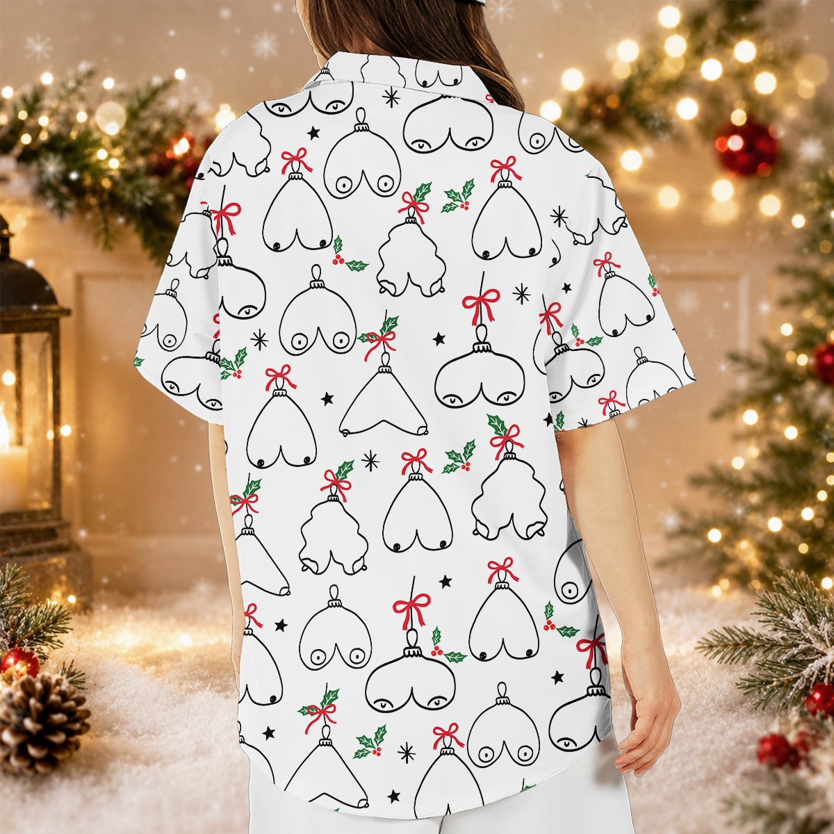 Detail shot of the back shoulder area on the funny christmas hawaiian shirt