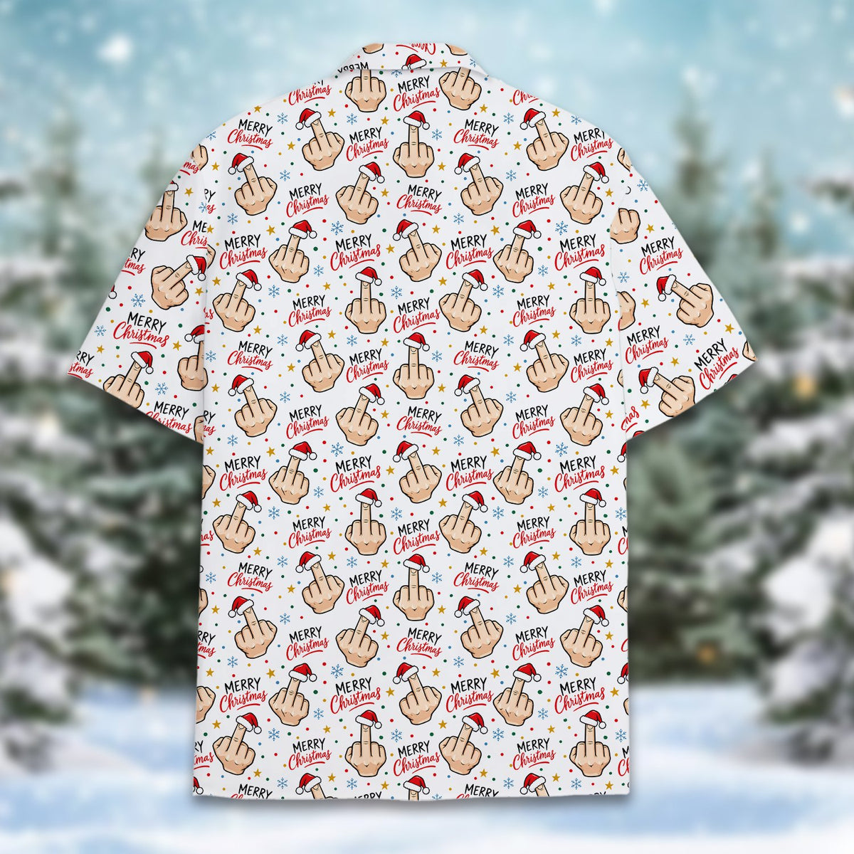 Detailed back view of the funny Christmas Hawaiian shirt pattern