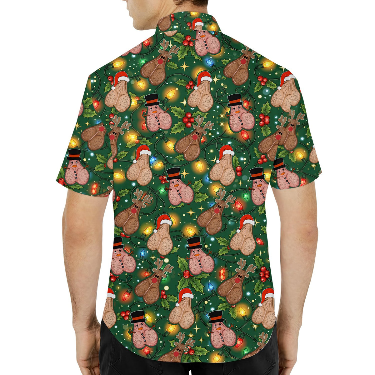 Detailed back view of the funny christmas hawaiian shirt