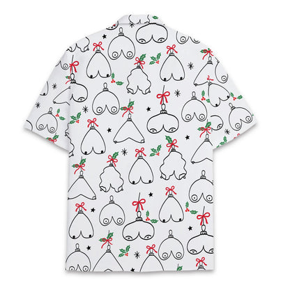 Full back flat view of the white matching family hawaiian shirts with funny ornament design