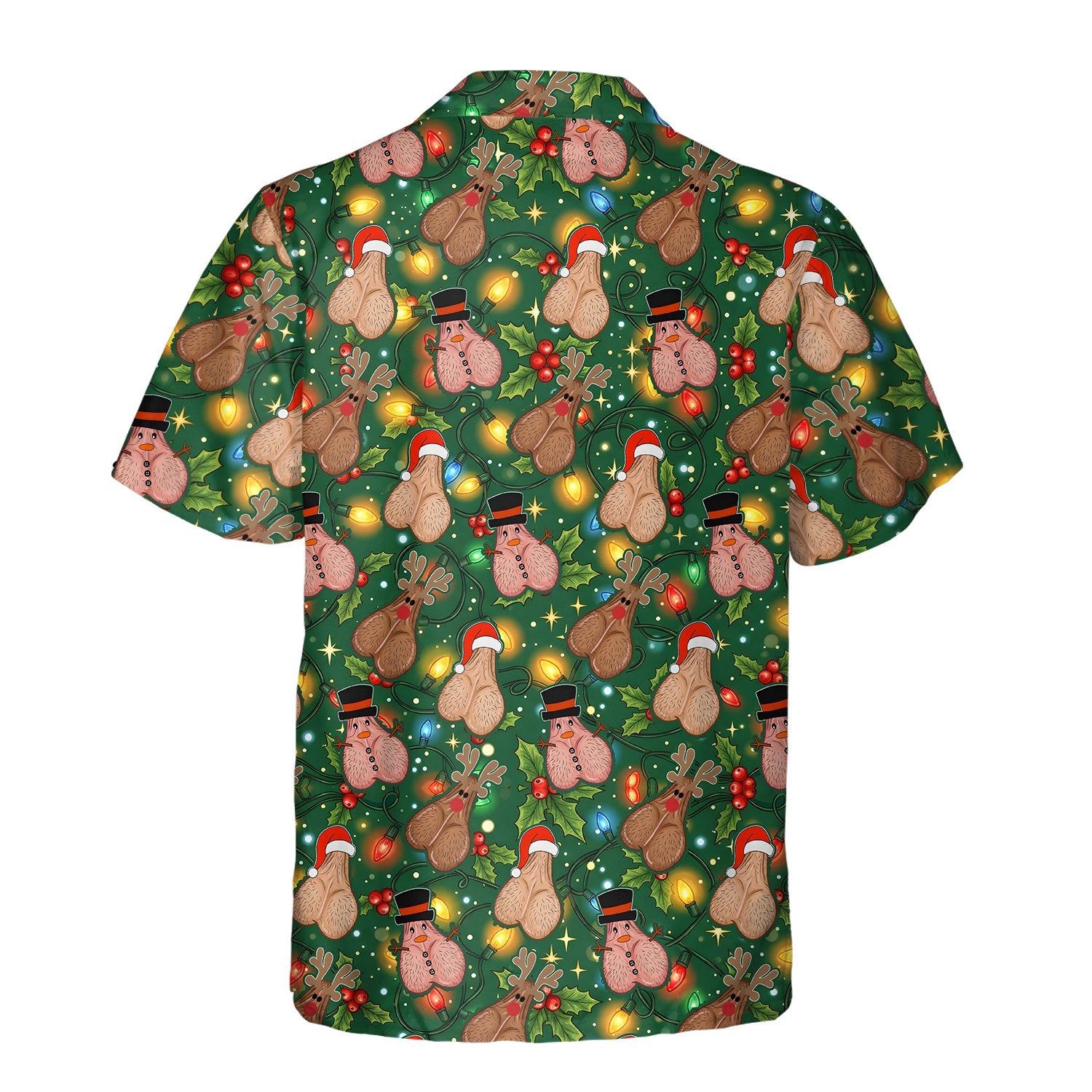 Close up back view of the green funny christmas hawaiian shirt