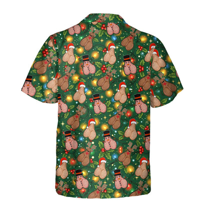 Close up back view of the green funny christmas hawaiian shirt