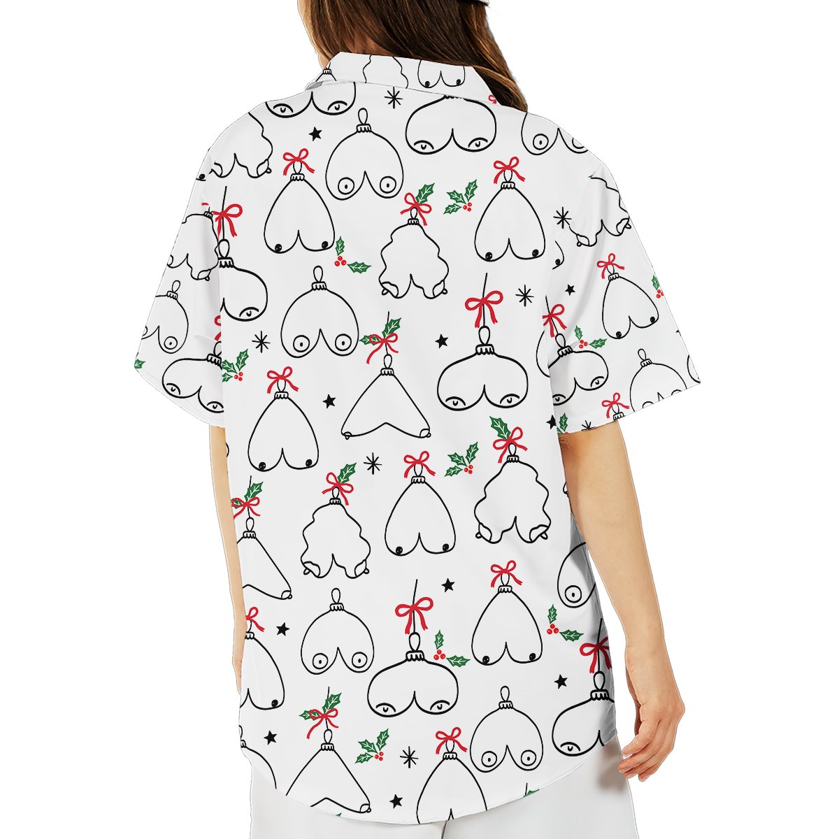 Back view of the funny christmas hawaiian shirt with cheeky ornament pattern
