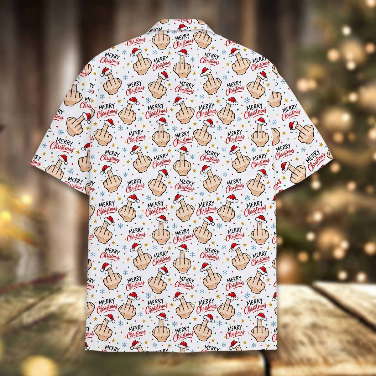 Back view of the matching family Hawaiian shirt with middle finger design