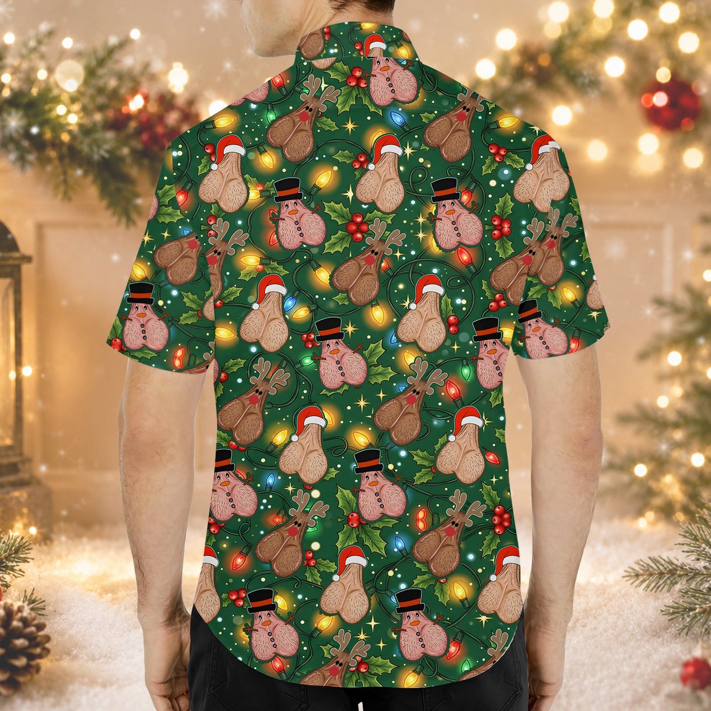 Back view of the mens funny hawaiian shirt with holiday pattern