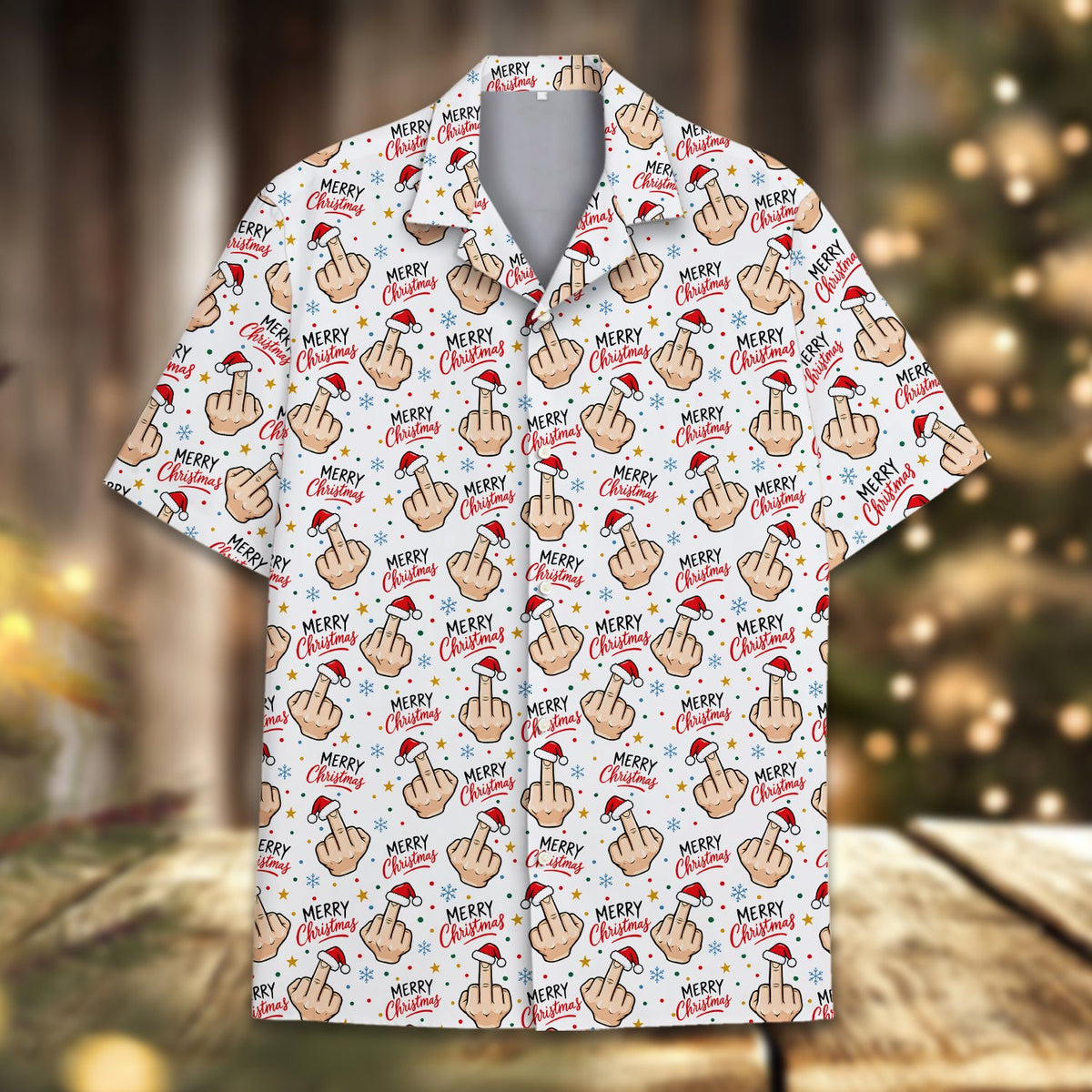 Detail view of funny Christmas Hawaiian shirt showing Santa hat middle finger pattern