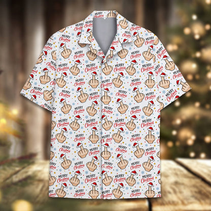 Detail view of funny Christmas Hawaiian shirt showing Santa hat middle finger pattern