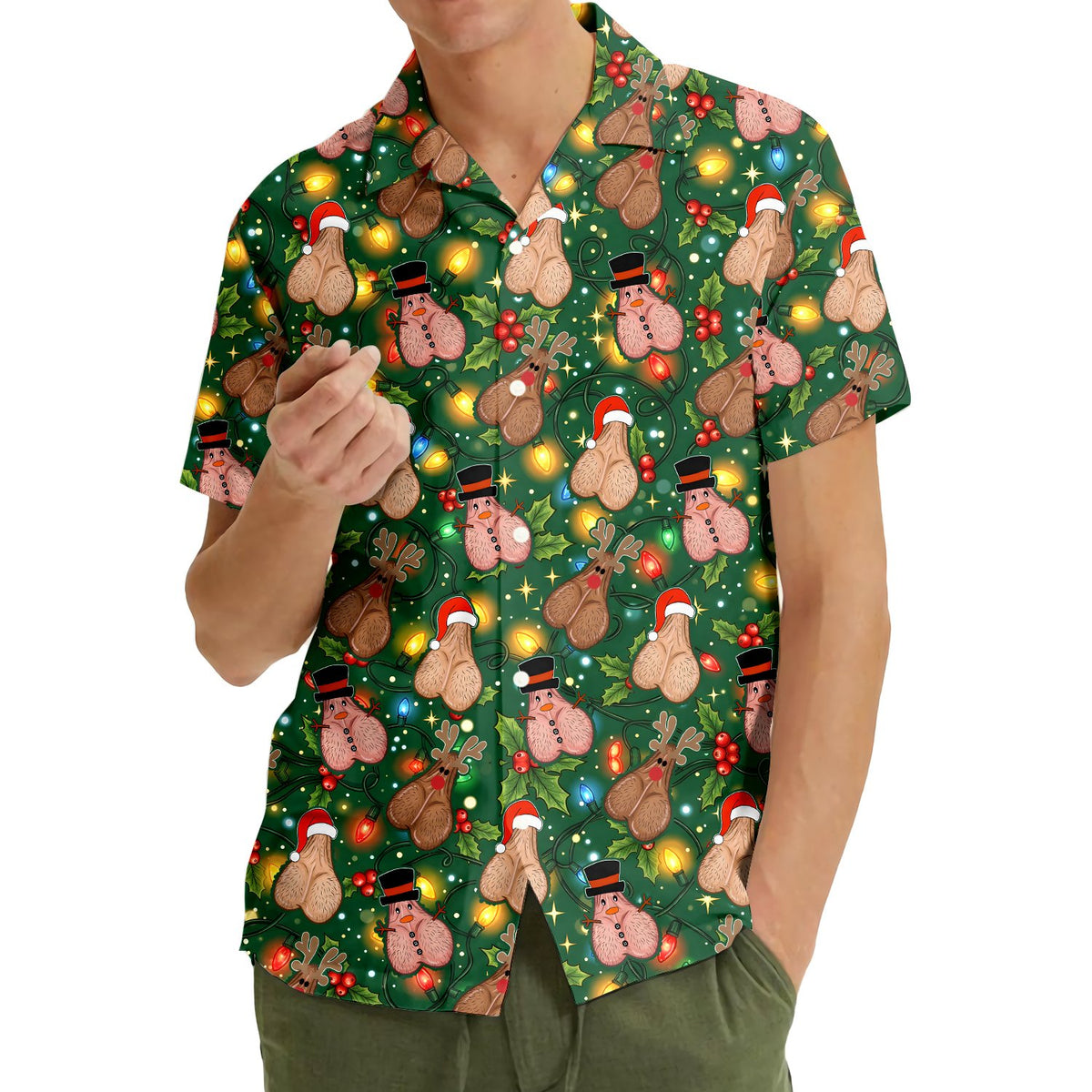 Detailed front view of the funny christmas hawaiian shirt