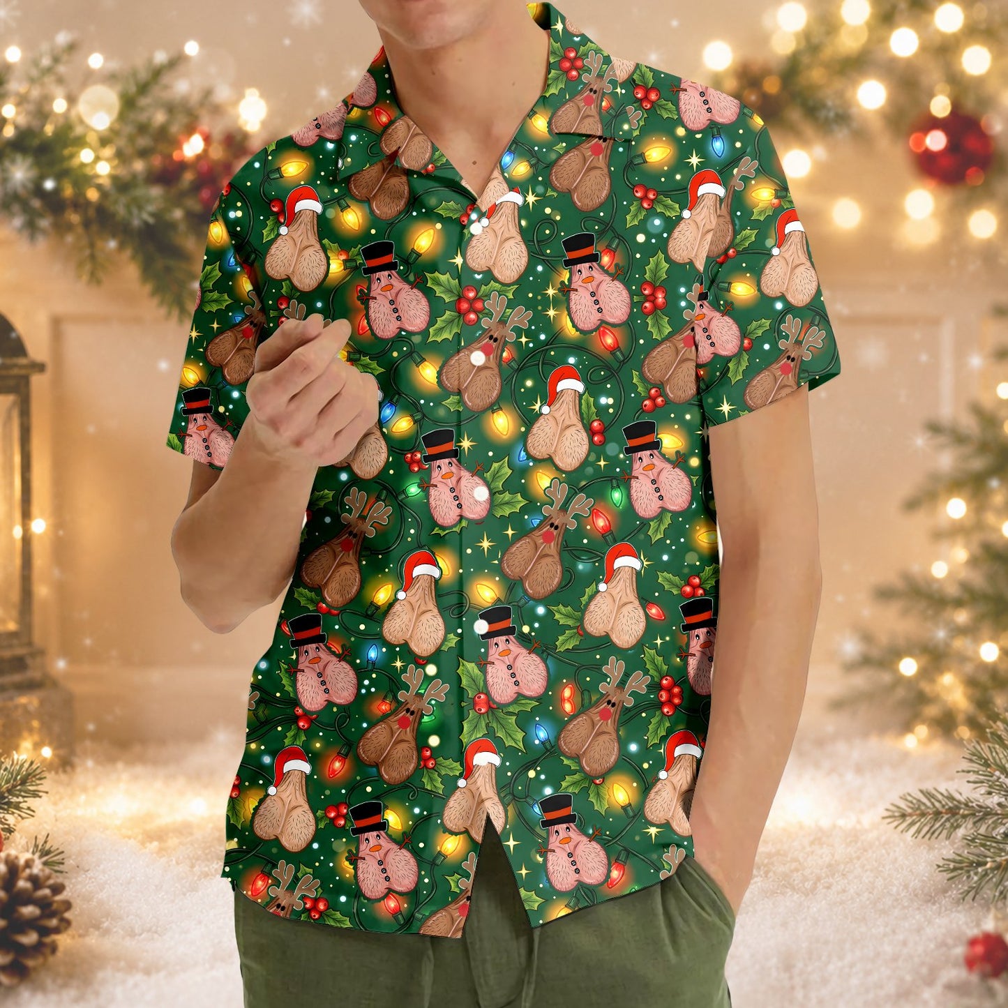 Close up front view of the green funny christmas hawaiian shirt