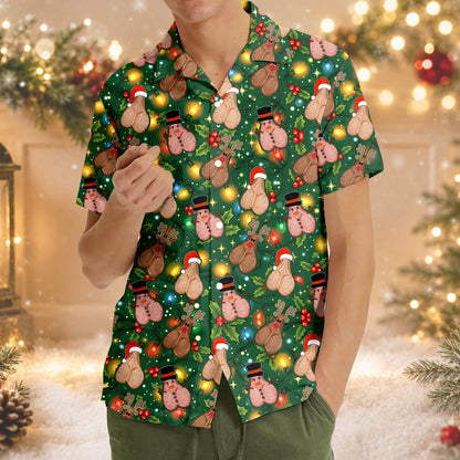 Close up front view of the green funny christmas hawaiian shirt