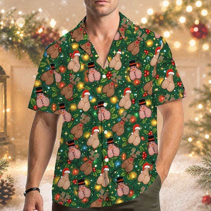 Mens funny hawaiian shirt with christmas lights and holiday pattern, flat lay front