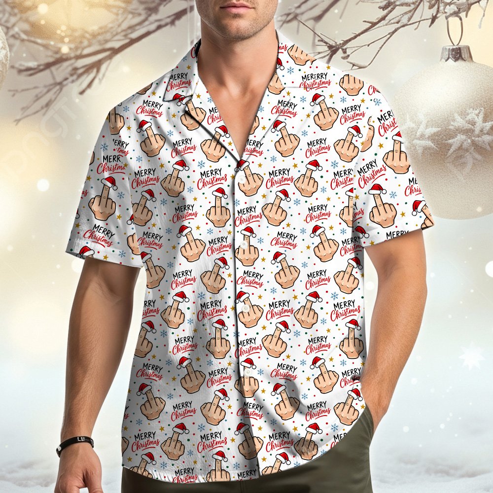 Lifestyle image of someone wearing the funny Christmas Hawaiian shirt