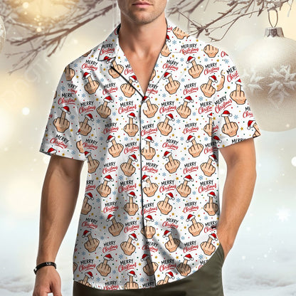 Lifestyle image of someone wearing the funny Christmas Hawaiian shirt