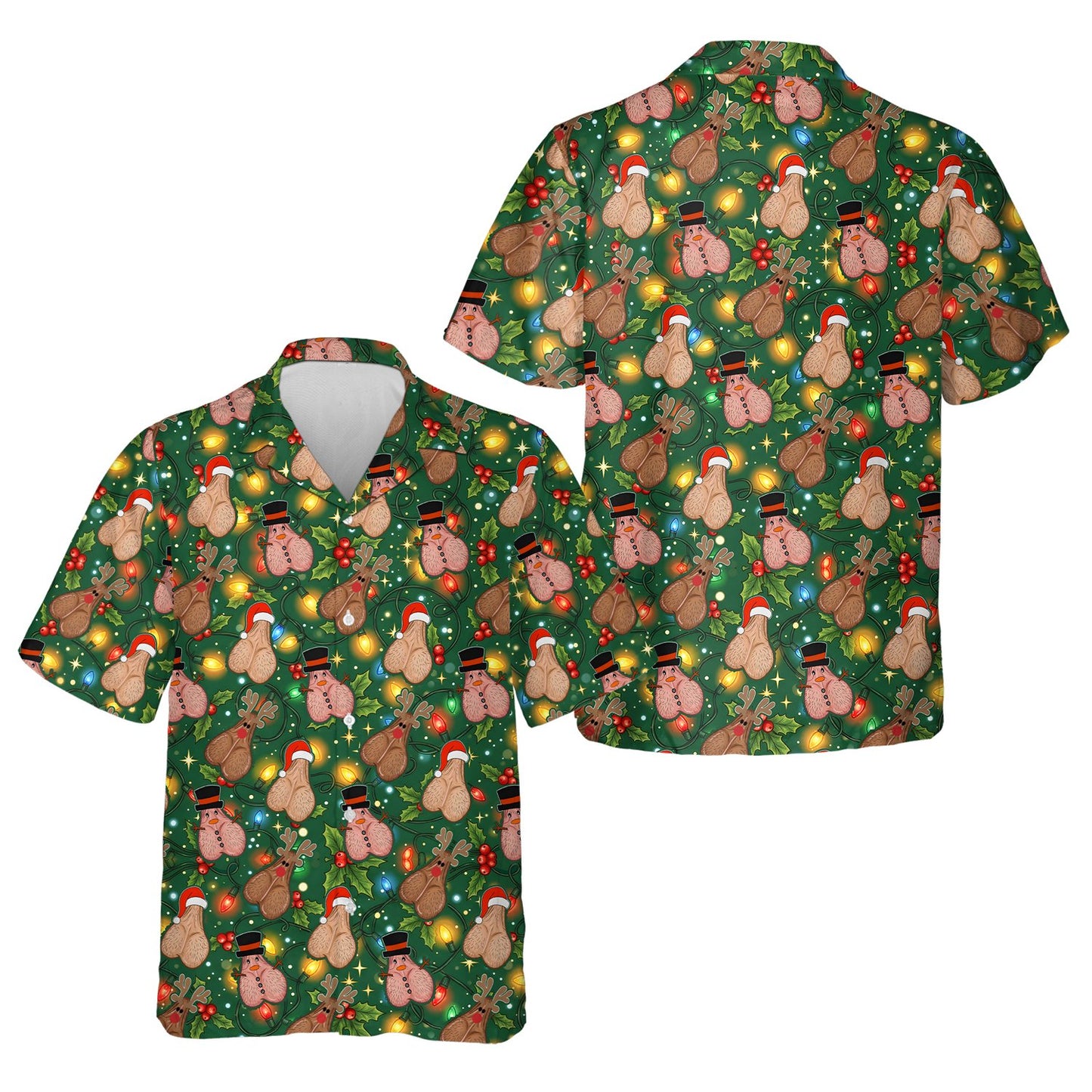 Collar and button detail view of the funny christmas hawaiian shirt
