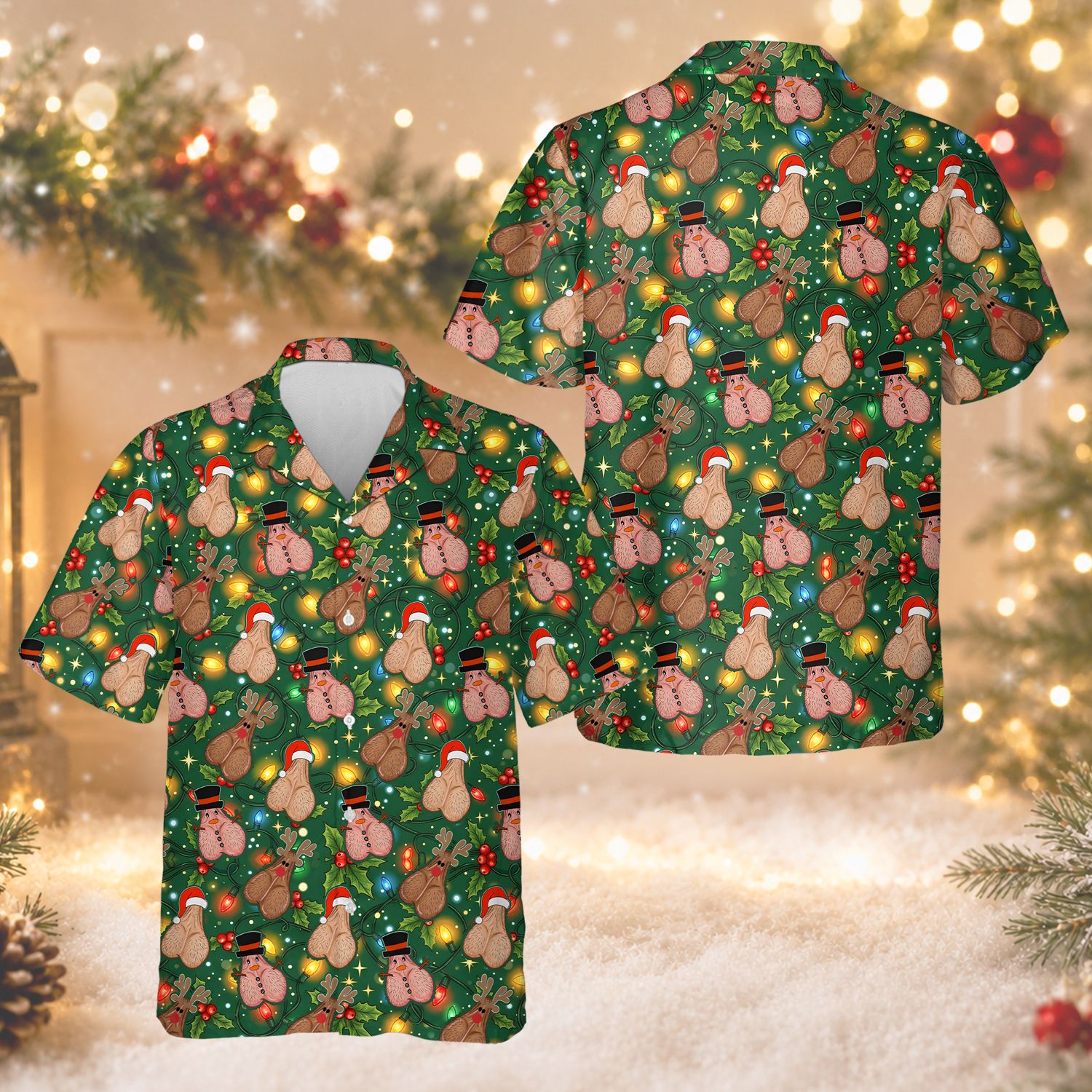 Side view detail of the funny christmas hawaiian shirt