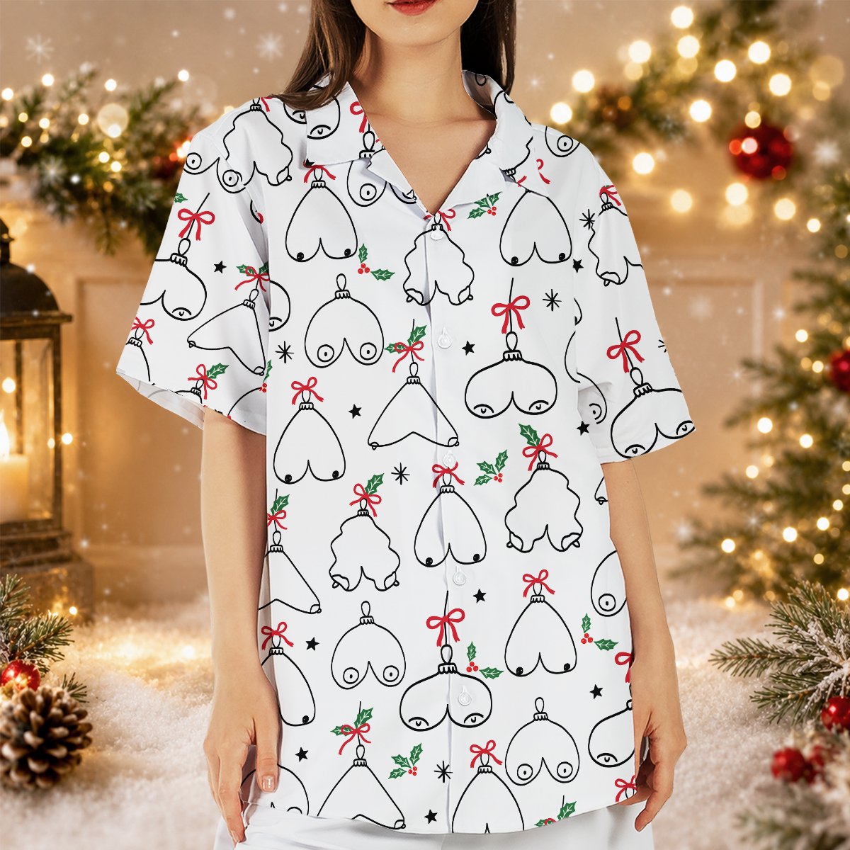 White funny hawaiian shirt with cheeky christmas ornaments, lower front detail view