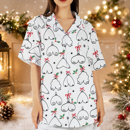 White funny hawaiian shirt with cheeky christmas ornaments, lower front detail view