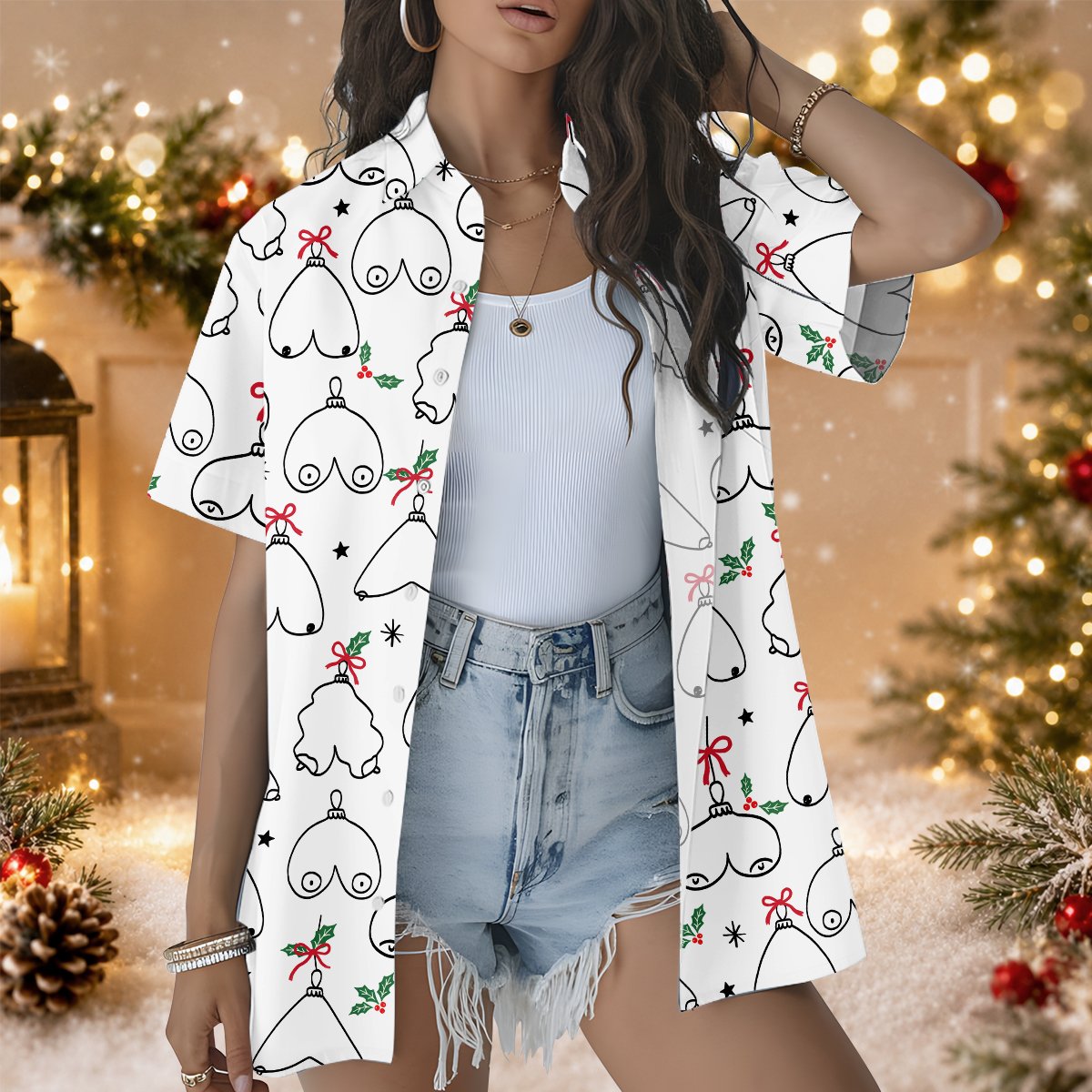 Flat front view of the funny christmas hawaiian shirt showing the full pattern