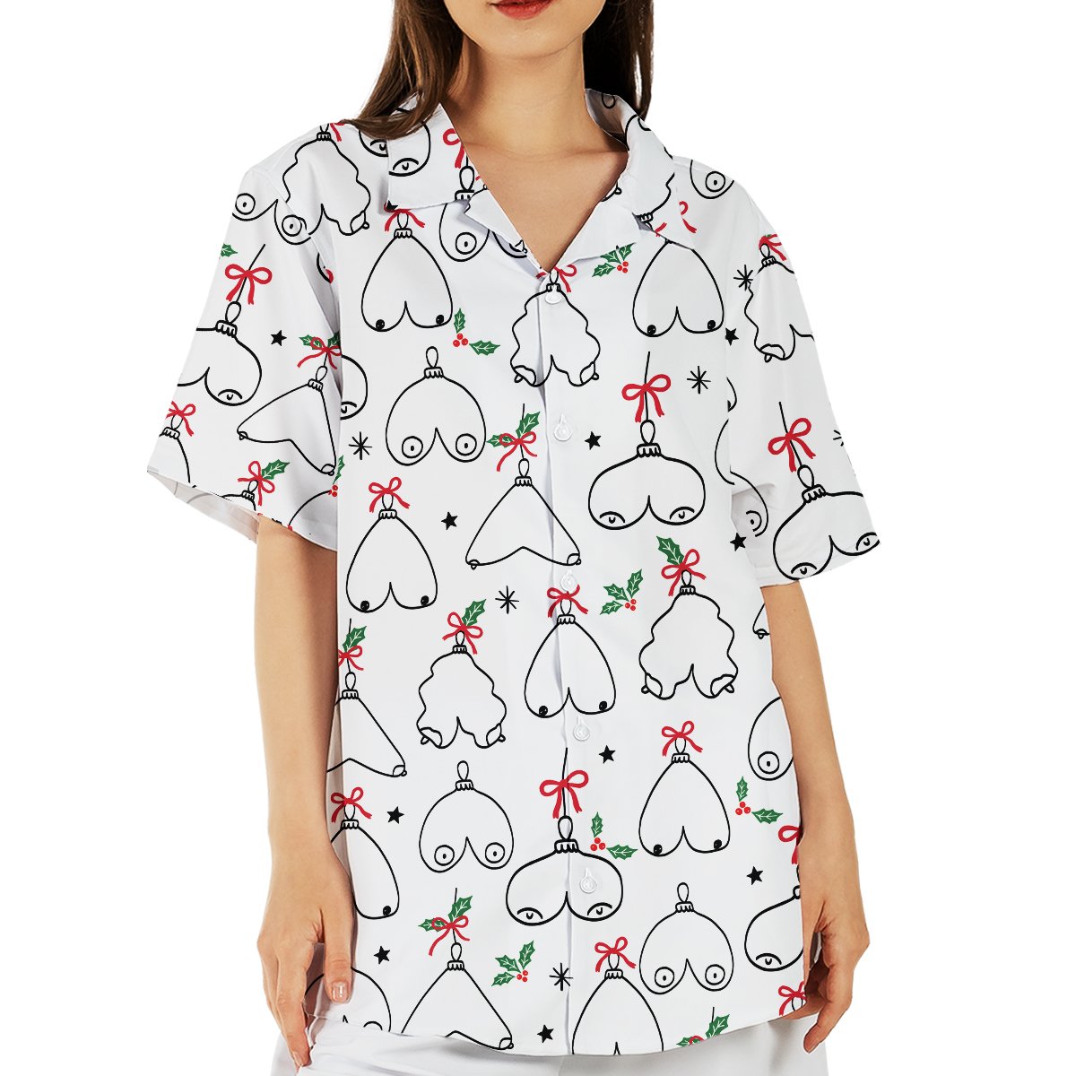 White funny hawaiian shirt with cheeky christmas ornament design, flat front view