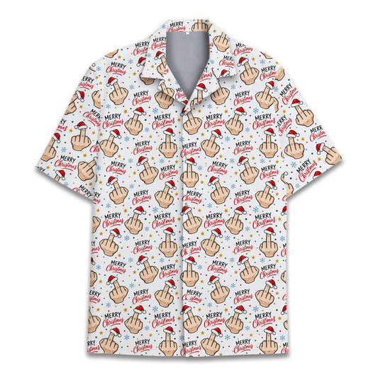 Matching family Hawaiian shirt with funny Christmas middle finger design, main view