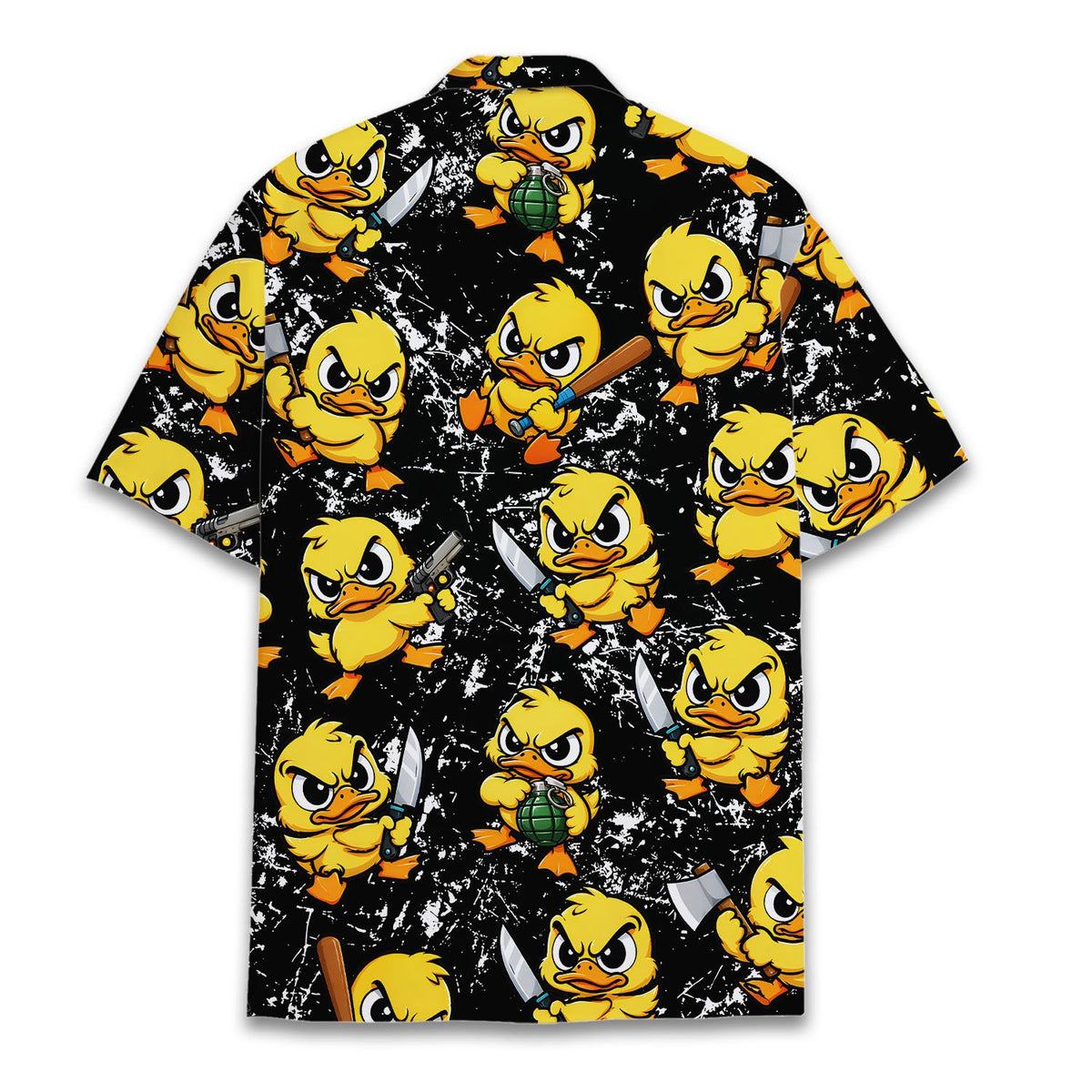 Back view of the black funny edgy hawaiian shirt with duck pattern