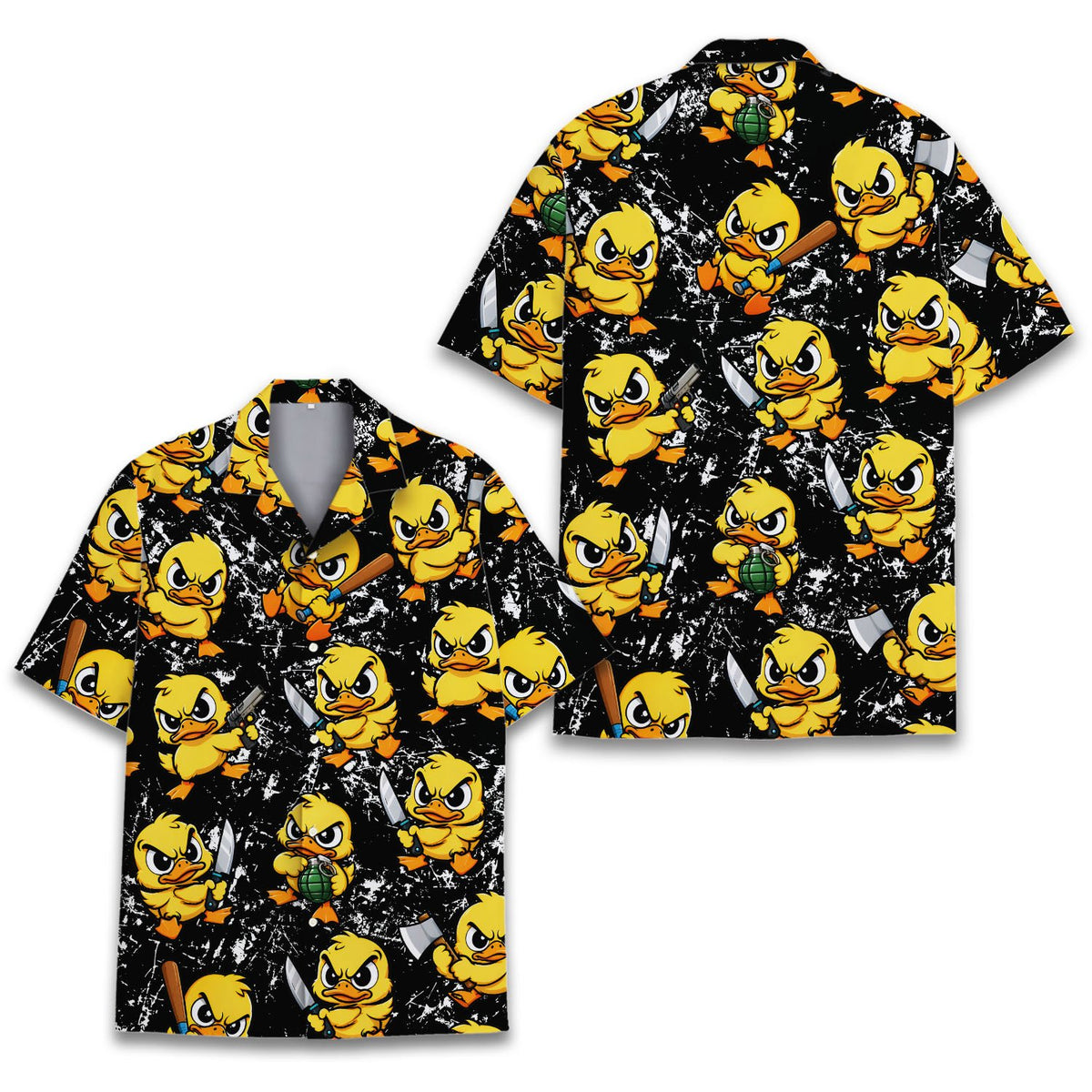Close up front view of the funny edgy hawaiian shirt detail