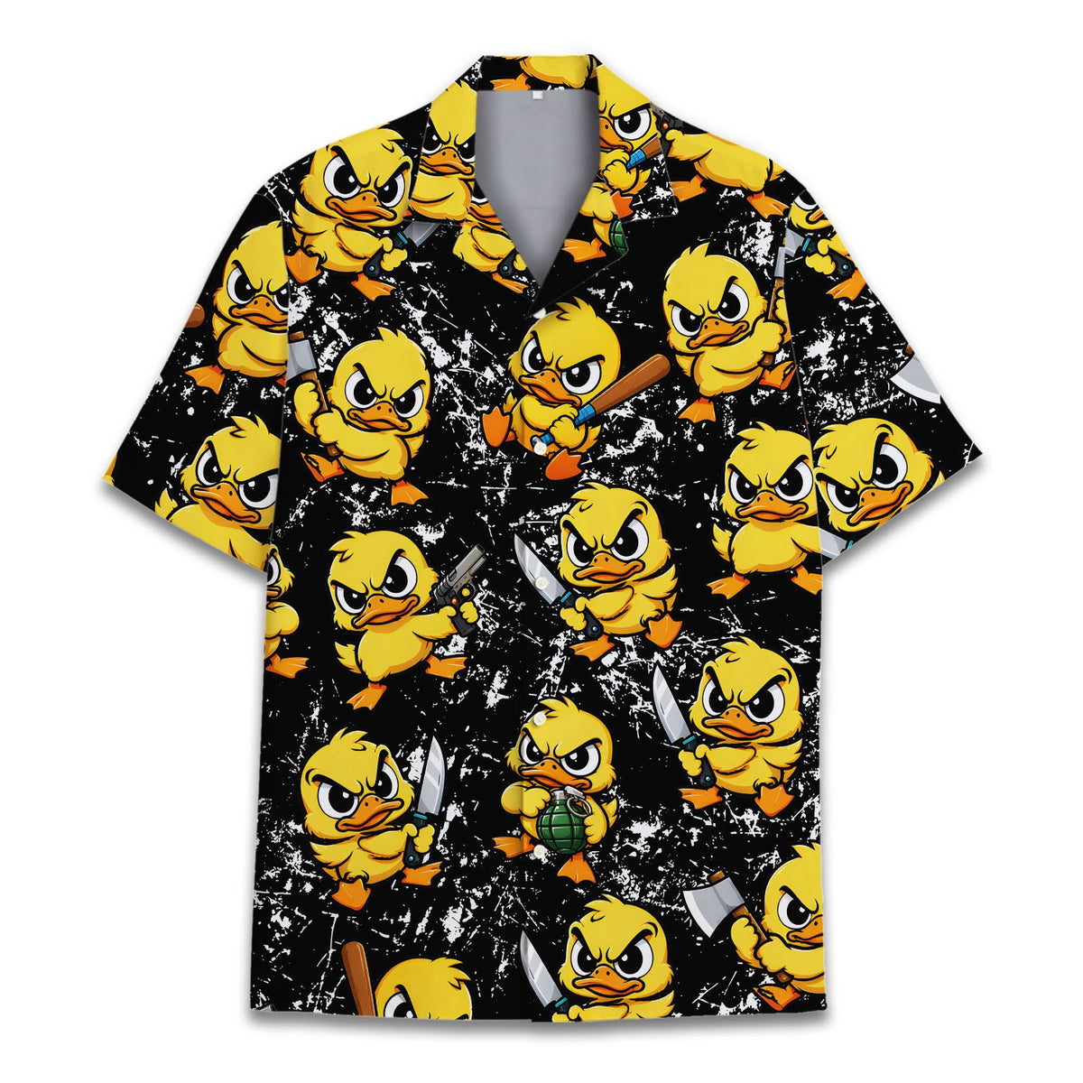 Black funny hawaiian shirt with cartoon ducks holding weapons, front view