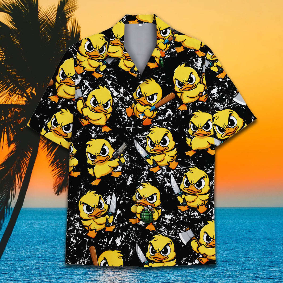 Person modeling the edgy hawaiian shirt outdoors