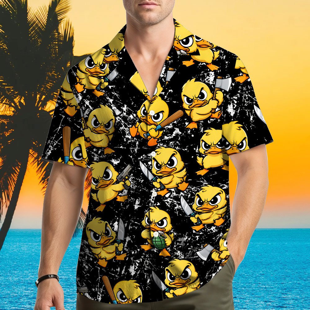 Adult wearing the funny hawaiian shirt with angry ducks in a lifestyle setting
