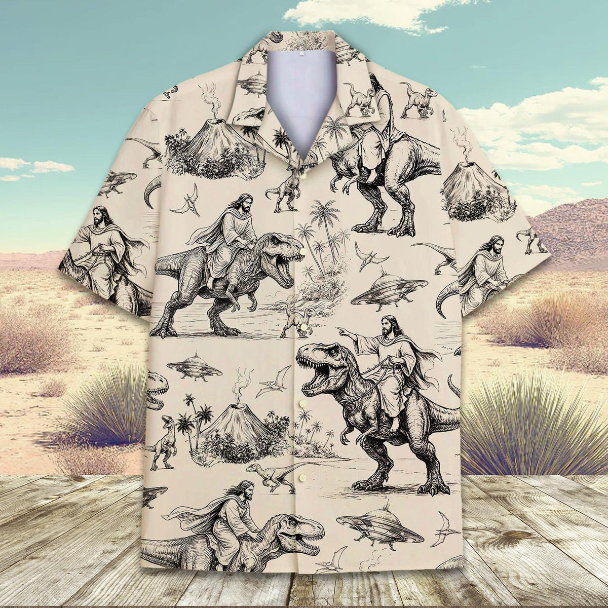 Close-up front view of the matching family Hawaiian shirt in beige