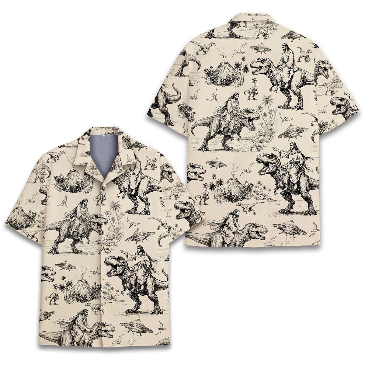 Detailed front view showing the Jesus riding a dinosaur pattern on the beige shirt